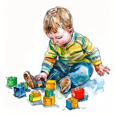 watercolor painting of a toddler playing with building blocks, on isolated white background