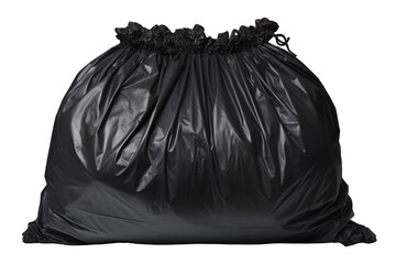 A black trash bag is sitting on a white background