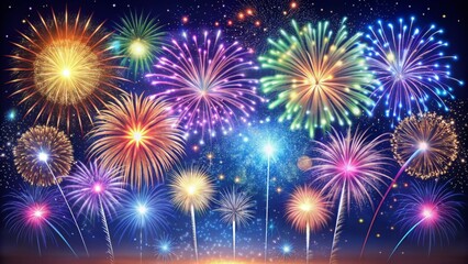 A Symphony of Colors Digital Painting of Fireworks Display, Celebrating the Night Sky with Exploding Brilliance - Fireworks, Night, Celebration, Holiday, Party, Spectacle