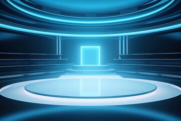 Obraz premium Futuristic blue stage with glowing platform.