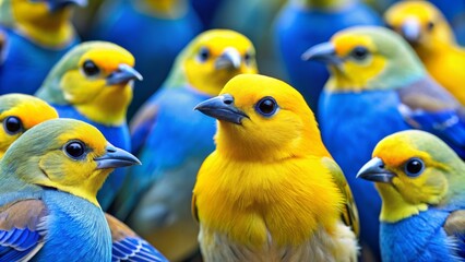 Fototapeta premium A vibrant group of birds, captured in a close-up shot, showcasing their striking blue and yellow plumage. The focus is on the bright yellow bird in the center, creating a stunning contrast against the