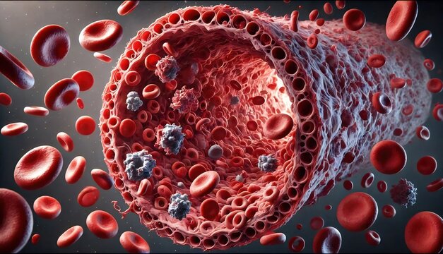 Imagen de un sangrado arterial o venoso. Vaso visto en un corte transversal. Muestra elementos propios para la formaci&oacute;n de un co&aacute;gulo. Ideal para representar un evento hemorr&aacute;gico. Hemocomponentes. 