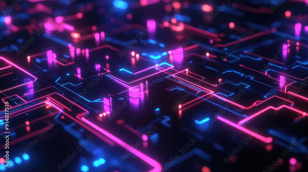 Poster high-tech 3d abstract background with glowing circuits and data streams, futuristic design