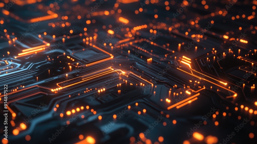 Poster high-tech 3d abstract background with glowing circuits and data streams, futuristic design