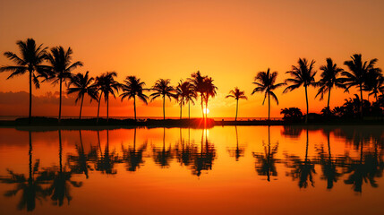 Naklejka premium Golden Sunset Over Tranquil Beach with Silhouetted Palm Trees