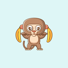 Cute monkey lifting banana barbel food kawaii chibi character mascot illustration outline style design
