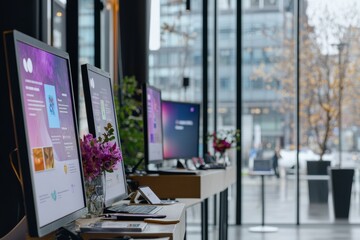 A brand launch event with new branding materials such as posters and digital displays in the background, Generative AI