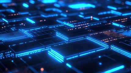 Obraz premium High-tech 3D background with layered digital grids and blue neon lights, futuristic design