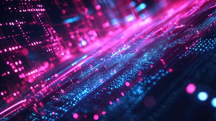 Innovative 3D technology background with abstract data clusters and neon lights, advanced design