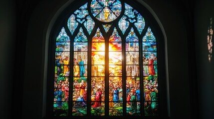 A stained glass window in a church, depicting a religious scene. The window is made up of many different colors and patterns, and it is a beautiful example of religious art.