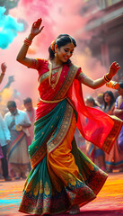 Naklejka premium Traditional Indian Dance Celebration at Holi Festival