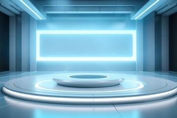 Obraz premium Futuristic platform with blue neon lights, perfect for product display.