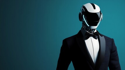 Robot in a tuxedo on a blue background.