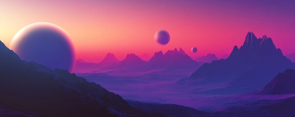 Surreal alien landscape with multiple planets at