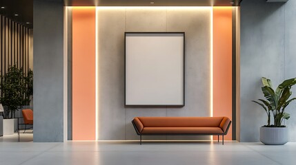 Modern Lobby with Orange Accents and a Blank Canvas