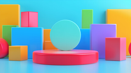 Fototapeta premium キューブブロックのあるカラフルブース_Colorful booth with cube blocks