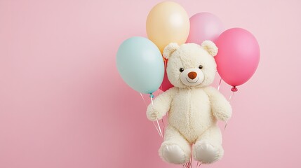 A white teddy bear holding on to pastel colored balloons against a pink background.