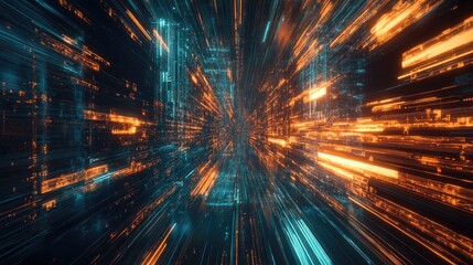 Modern 3D technology background with complex algorithms and light trails, futuristic design