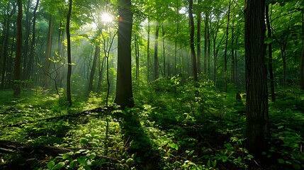 Obraz premium Sunbeams Through a Lush Forest