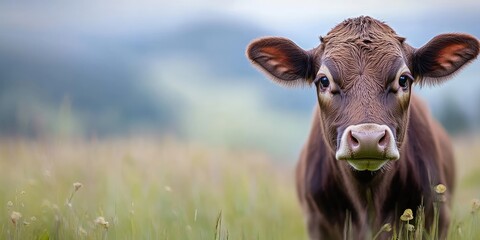Funny Cow on Green Meadow with Alps in Background: Quirky Farm Animal in Scenic Landscape