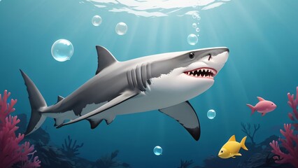 illustration of wild shark with sharp toot in deep ocean with bubbles