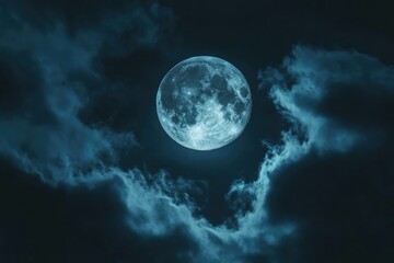Fototapeta premium Full Moon Illuminated by Blue Clouds in a Dark Night Sky