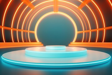 Obraz premium Futuristic stage with neon lights and a blue platform.
