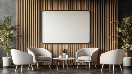 Modern Living Room with Wooden Wall and White Armchairs