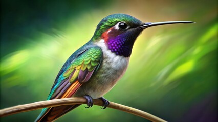 Obraz premium Digital Painting of a Vibrant Hummingbird Perched on a Branch - Hummingbird, Bird, Nature, Painting, Digital Art, Wildlife, Colorful