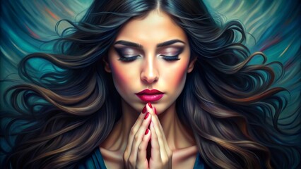 Fototapeta premium Digital Painting of a Woman with Long Dark Hair and Red Lips Against a Teal and Blue Background Keywords digital painting, woman, portrait, hair, red lips, teal, blue