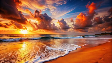 Obraz premium Golden Hour Beachscape A Digital Painting of Sunset Waves and Dramatic Clouds - Seascape, Beach Sunset, Coastal Art, Digital Painting, Nature Photography, Ocean, Sunset