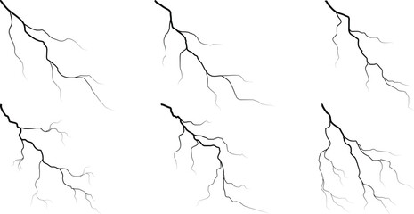 Vector lightning silhouettes set. Thunderstorm design. Vector illustration