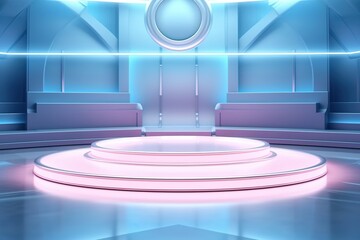 Fototapeta premium Futuristic stage with neon lights and circular platform.