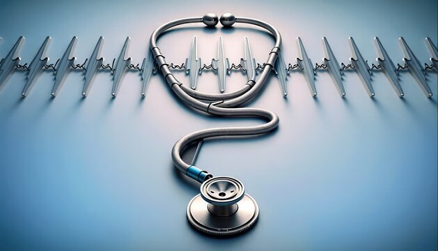 Estetoscopio sobre una mesa met&aacute;lica, al fondo se observa un trazo de electrocardiograma fabricado en metal plata. Representa la funci&oacute;n del cardi&oacute;logo y la cardiolog&iacute;a en esencia. 