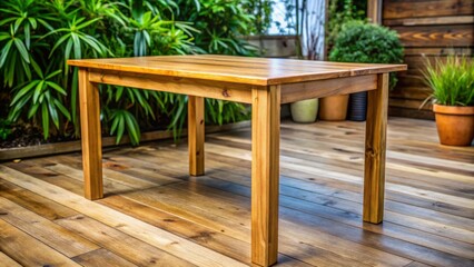 Obraz premium Low Angle View of Wooden Table on Deck with Lush Greenery in Background - Outdoor Furniture, Patio Table, Wood Grain, Natural Setting, Backyard Design, Garden Decor, Deck Design