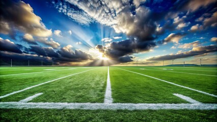 Perspective Wide shot Composition Centered Image Details Green football field with white lines, a blue sky with fluffy clouds, and a bright sun shining through the clouds. 