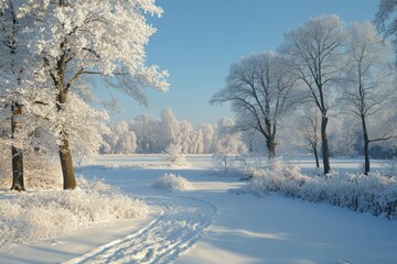 Obraz premium A snowy landscape with trees and a path