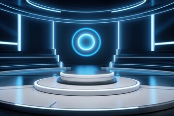 Futuristic podium with blue neon lights.