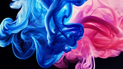 Close-up: Vibrant blue and pink smoke swirls against black. Fluid tendrils intertwine, creating ethereal patterns. Smooth gradients and sharp contrasts evoke dreamlike atmosphere.	