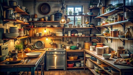 Rustic Kitchen Interior with Warm Lighting - Vintage Dishes and Potted Plants on Wooden Shelves - A Still Life of Homely Charm - Kitchen Decor, Country Kitchen, Farmhouse Style, Rustic Design