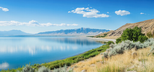 Obraz premium Serene Landscape of a Tranquil Lake Surrounded by Mountains and Lush Vegetation in Daylight