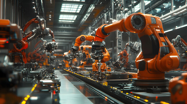 Rob&oacute;tica industrial montando componentes em linha de produ&ccedil;&atilde;o otimizada