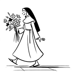 Fototapeta premium A nun walks along the sidewalk with a bouquet of flowers.