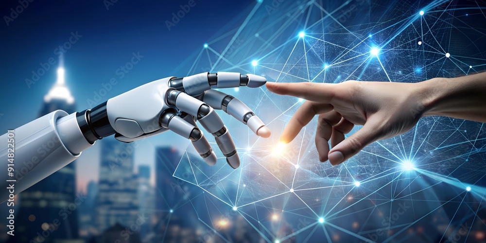 Wall mural ai. artificial intelligence. robot hand touching human. the connection for the technological transit