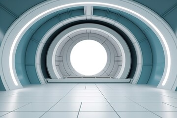 Fototapeta premium Futuristic white and blue circular hallway with glowing lights.