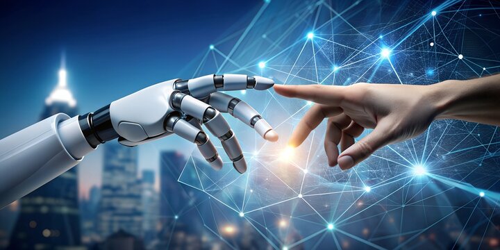 AI. Artificial intelligence. Robot hand touching human. The connection for the technological transition and innovation between analog and digital
