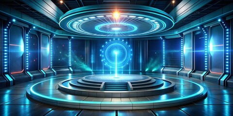 Circle teleport podium portal and hologram science futuristic stage scifi digital hitech in glowing