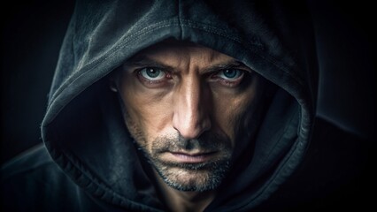 The Shadowed Gaze A Close-Up Portrait of a Man in a Hoodie, Eyes Intense, Face Hidden, Mysterious, Dark, Emotion, Suspense