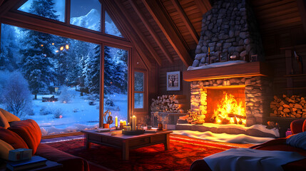 Int&eacute;rieur de cabane ensoleill&eacute; proche du feu de chemin&eacute;e enneig&eacute;e &agrave; l'ext&eacute;rieur