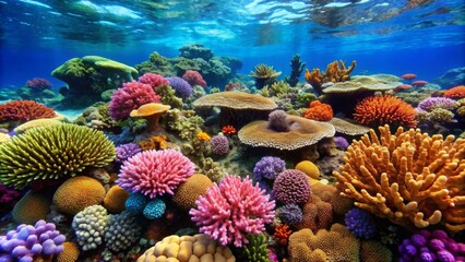 Naklejka premium Underwater Paradise Vibrant Coral Reef with Colorful Corals and Sunbeams - Marine Life, Underwater Photography, Coral Reefs, Tropical Ocean